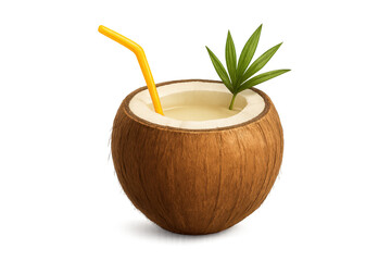 Refreshing coconut drink with straw and palm leaf