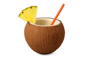 Coconut cocktail drink with pineapple and straw on transparent background