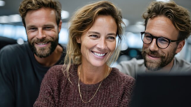 Team Collaborating with Laptops and Smiling in Modern Office Environment