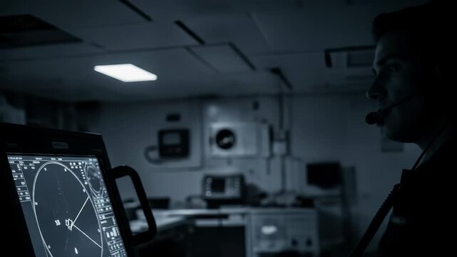 Focused Naval Officer Monitoring Sonar Display in Low-Light Conditions, Celebrating Indian Navy Day, Utilizing Advanced Technology