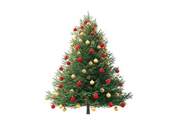 Fototapeta premium 3D rendering from a front view, depicting a simple yet surreal Christmas tree decorated with gold and red ornaments, in a highly detailed collage style, on a white background.