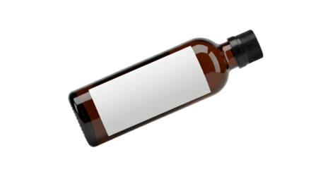 Close up of a brown glass bottle with a white label and black cap lying on a black background