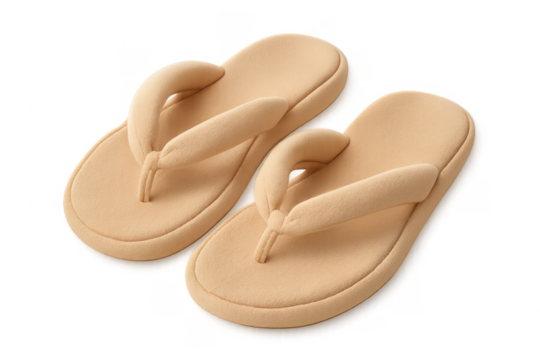 Pair of soft beige flip-flops on transparent background