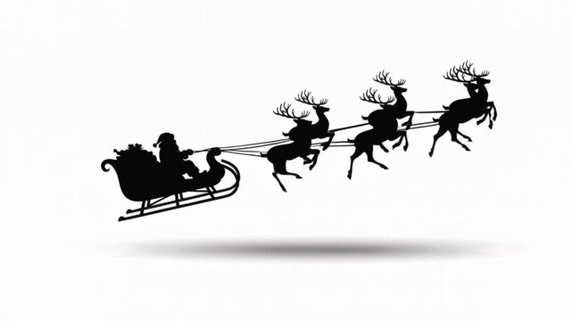Santa Claus flying his reindeer-led sleigh across the sky in festive holiday animation sequence