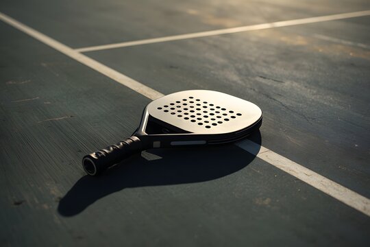 A plain black padel racket with no writing or motifs placed on the padel court.