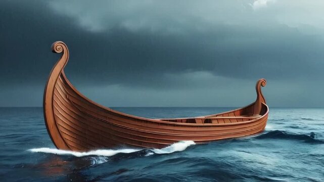 wooden boat in the sea , Noah's Ark amidst the pouring rain during the flood created with generative ai	
