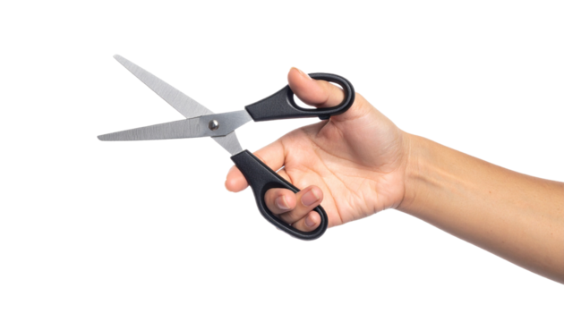 Woman Hand Using Black Scissors, Isolated on Transparent Background