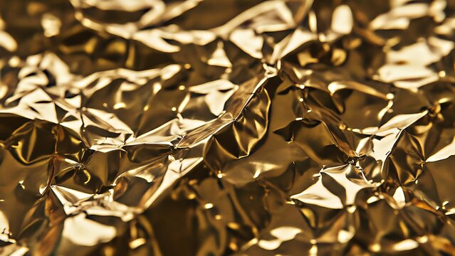 Shiny crumpled gold foil texture background, luxury metallic surface with reflective light pattern - Powered by Adobe