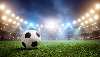 Naklejka premium soccer ball on field under stadium lights