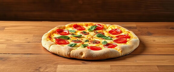 A freshly baked pizza sits on a rustic wooden table, topping, dinner