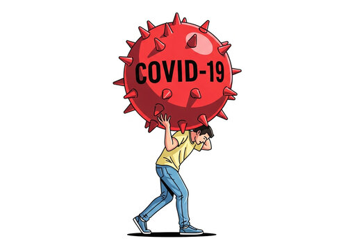 Man struggles under the immense weight of a giant COVID-19 virus, symbolizing global burden and pandemic stress