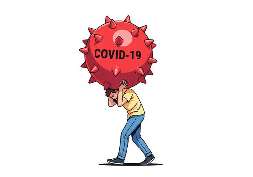 Man struggling under the immense weight of a giant COVID-19 virus symbolizing global pandemic burden and health crisis challenges