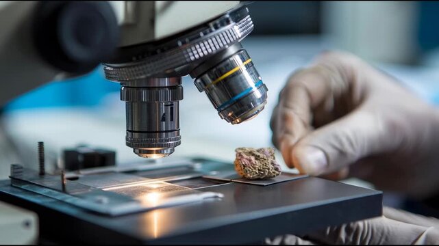 Rare earth mineral laboratory microscope electronics research analysis, scientific discovery, innovation, material analysis, scientist examines rare