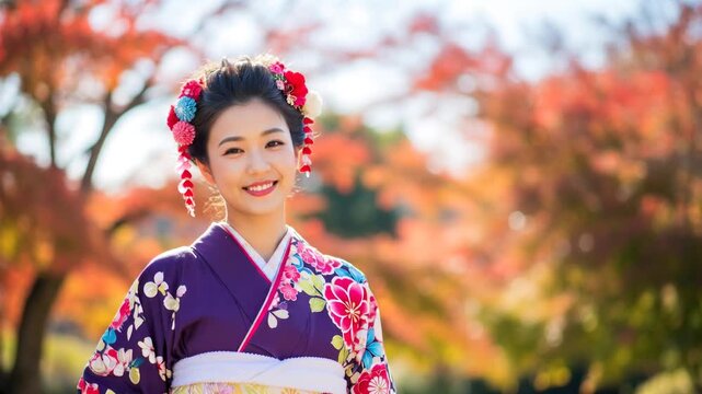 紅葉に包まれた振袖の若い女性