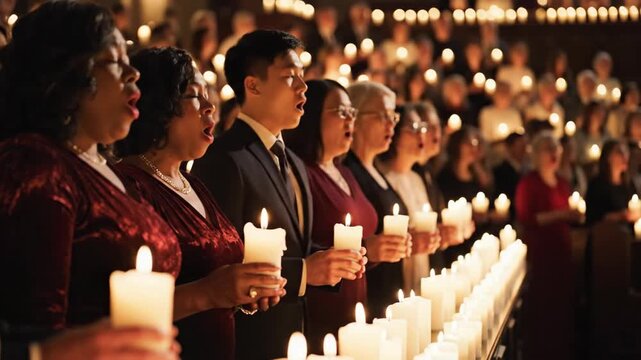 Diverse choir singing carols holding candles during a beautiful candlelight service.