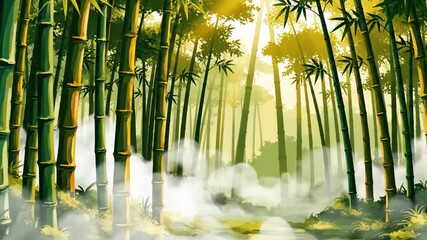 Misty bamboo forest with sunlight filtering through the tall green stalks, creating a serene and ethereal atmosphere. - Powered by Adobe