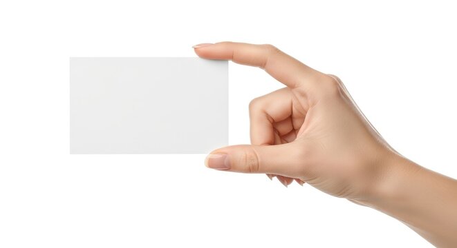 Female hand holding blank white business card isolated