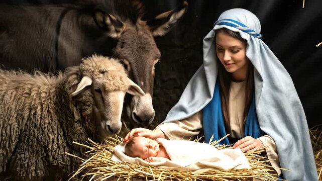 The Virgin Mary and baby Jesus with donkey and sheep create Christmas nativity scene. Christian holiday for traditional religious celebration.