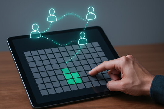 Digital tablet with hand pointing at grid interface and connected user icons representing emergency communication technology