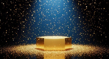 Golden Podium with Falling Glitter and Stars, Celebration Event Background