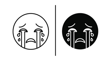 Obraz premium Two crying face emojis, one white outline and one black silhouette, divided by a line.