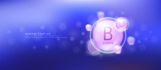 Boron minerals the form pink circle inside a transparent bubble. Mineral vitamins complex essential supplement health. Food nutrition and medicine. Science medical concept. Banner vector.
