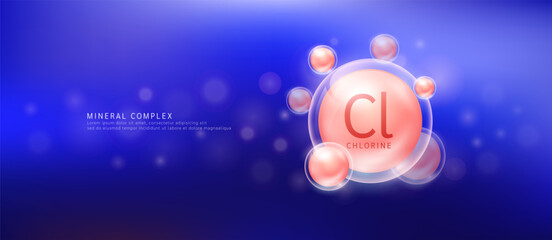 Chlorine minerals the form orange circle inside a transparent bubble. Mineral vitamins complex essential supplement health. Food nutrition and medicine. Science medical concept. Banner vector.