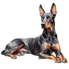 Majestic doberman pinscher dog with alert ears lying down on a transparent background isolated on transparent background