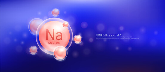 Sodium minerals the form orange circle inside a transparent bubble. Mineral vitamins complex essential supplement health. Food nutrition and medicine. Science medical concept. Banner vector.