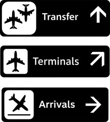 Airport Navigation Signs Set: Transfer, Terminals, and Arrivals Icons