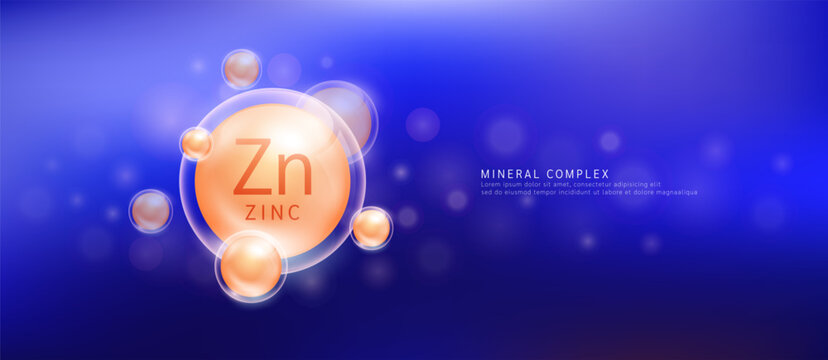 Zinc minerals the form orange circle inside a transparent bubble. Mineral vitamins complex essential supplement health. Food nutrition and medicine. Science medical concept. Banner vector.