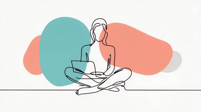 Continuous line art drawing of a person sitting cross-legged with a laptop, surrounded by abstract shapes.
