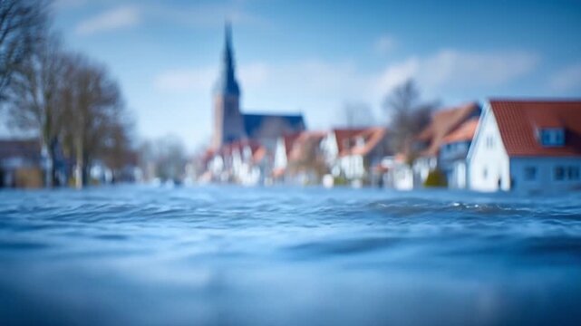 The Inundated Town: A poignant depiction of a town besieged by floodwaters, with houses and a church steeple partially submerged.