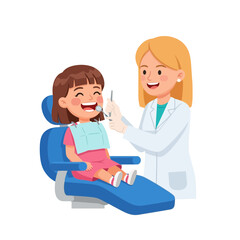 Obraz premium A young girl smiles while a dentist examines her teeth in a dental chair.