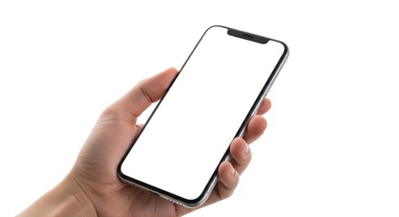 Hand holding modern smartphone with blank white screen isolated on white.