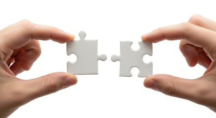 Hands connecting two blank puzzle pieces, representing solution and teamwork.
