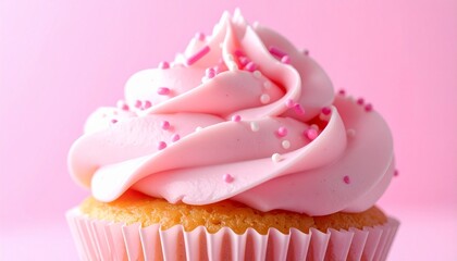 Soft pink frosting and candy sprinkles. The fluffy sponge cake sits in a pink paper container with a matching pastel pink background.e