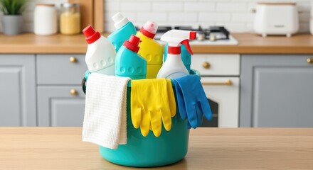 Home Cleaning Supplies: Bucket with Detergents, Gloves, and Cloth