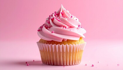 Vanilla cupcakes with soft pink buttercream and sprinkles on a pink background. This sweet and delicious dessert is perfect for birthdays, parties, or any other occasion.g