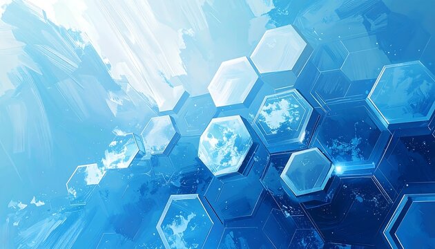 Abstract digital art. Bright blue hues and hexagonal patterns. Dramatic sky-like gradients create depth with light and shadow