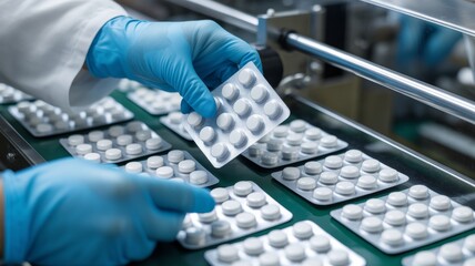 Doctor's hand holding a prescription of white medical tablets and blue capsules for healthcare.