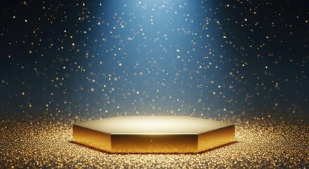 Luxury Golden Hexagon Podium on Glitter with Blue Spotlight Background