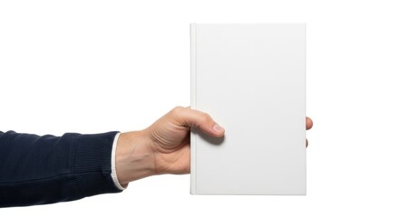 Man's Hand Holding Blank White Book, Isolated on White Background