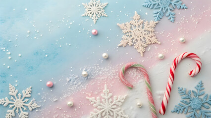 Winter holiday background with snowflakes, candy canes, and pearls.