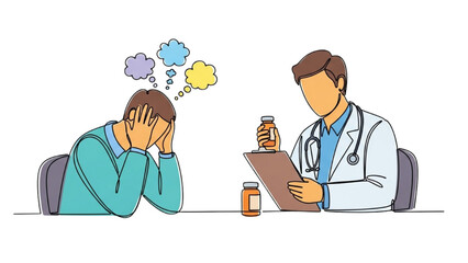 High-quality art of doctor and patient seated across desk with clipboard and medicine bottle outlined, person holding head with thinking bubbles symbolizing mental strain or overthinking