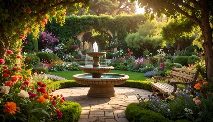 Obraz premium A serene garden scene with a tiered fountain as a focal point, surrounded by vibrant flowers and lush greenery, bathed in sunlight