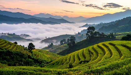 A scenic vista shows tiered rice fields descending into mist-filled valleys, under a soft, golden sunset. Mountains line the backdrop