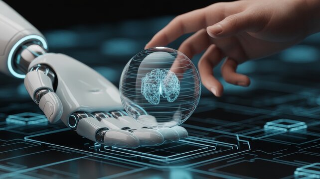White robotic hand and a human hand reaching towards a glowing, transparent sphere containing a detailed, wireframe 3D model of a human brain.