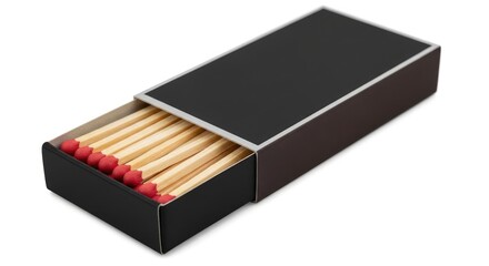 Open Black Matchbox with Red Matches Isolated on White Background