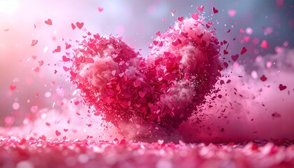 A large heart made of small pink hearts, surrounded by soft smoke and floating hearts. This visual is perfect for a romantic theme,d